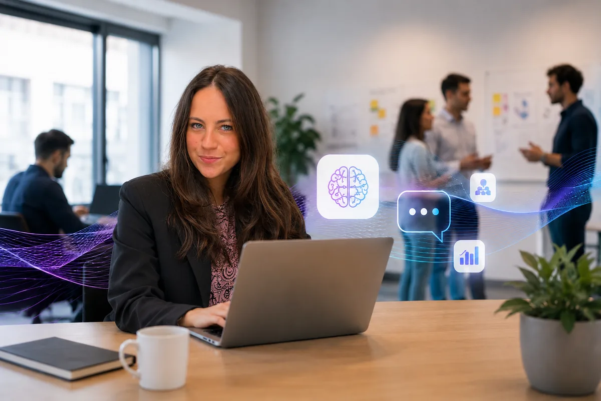 Atelier de formation Myadvai : participante au travail, équipe en idéation en arrière-plan