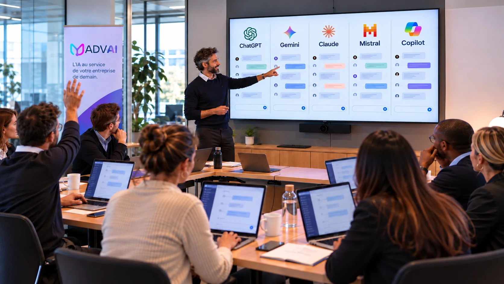 Session de formation Myadvai : un formateur présente ChatGPT, Gemini, Claude, Mistral et Copilot à un groupe de participants, l’un d’eux lève la main