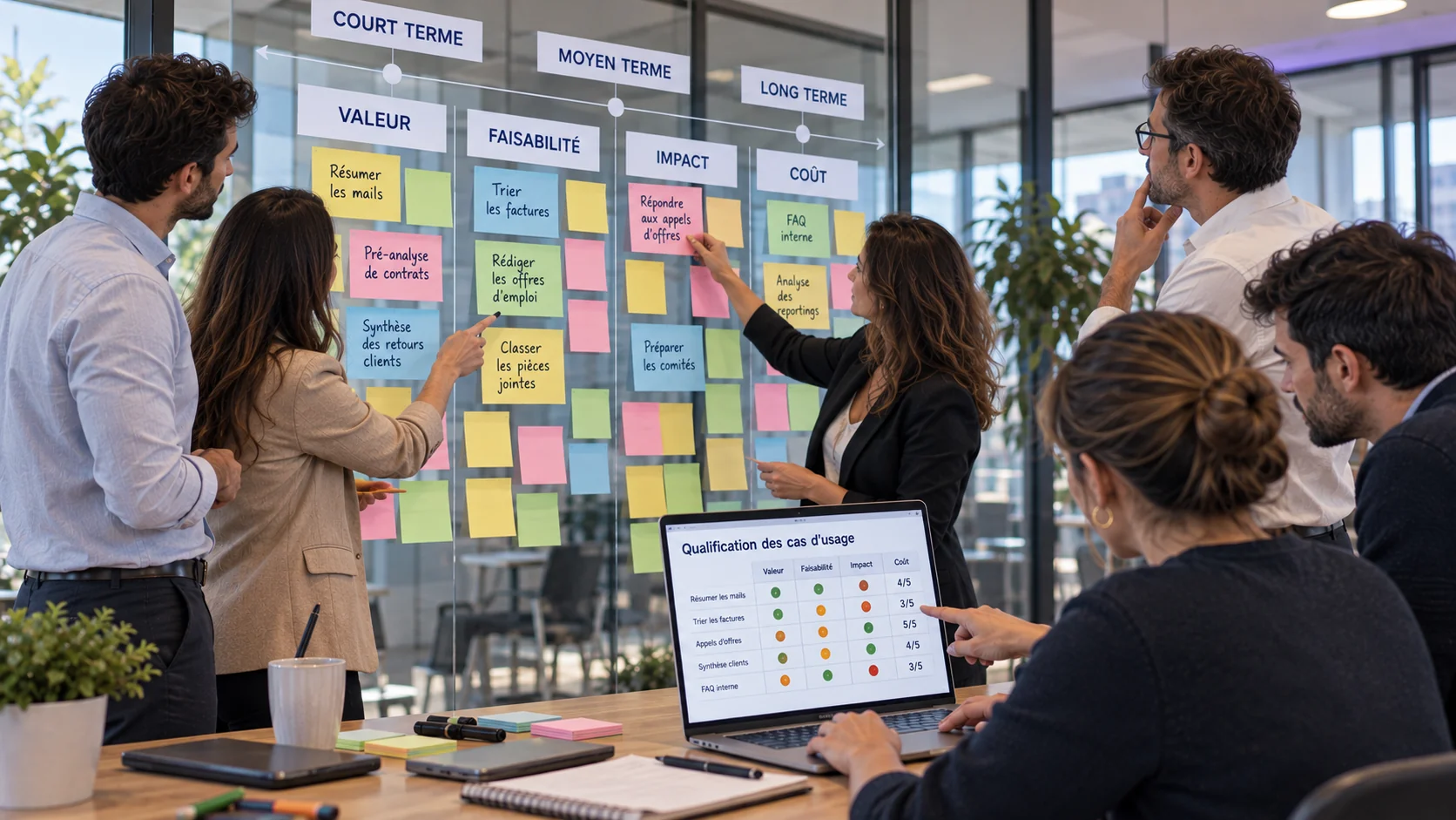 Atelier d’idéation Myadvai : une équipe classe des cas d’usage de l’IA selon quatre critères, valeur, faisabilité, impact et coût
