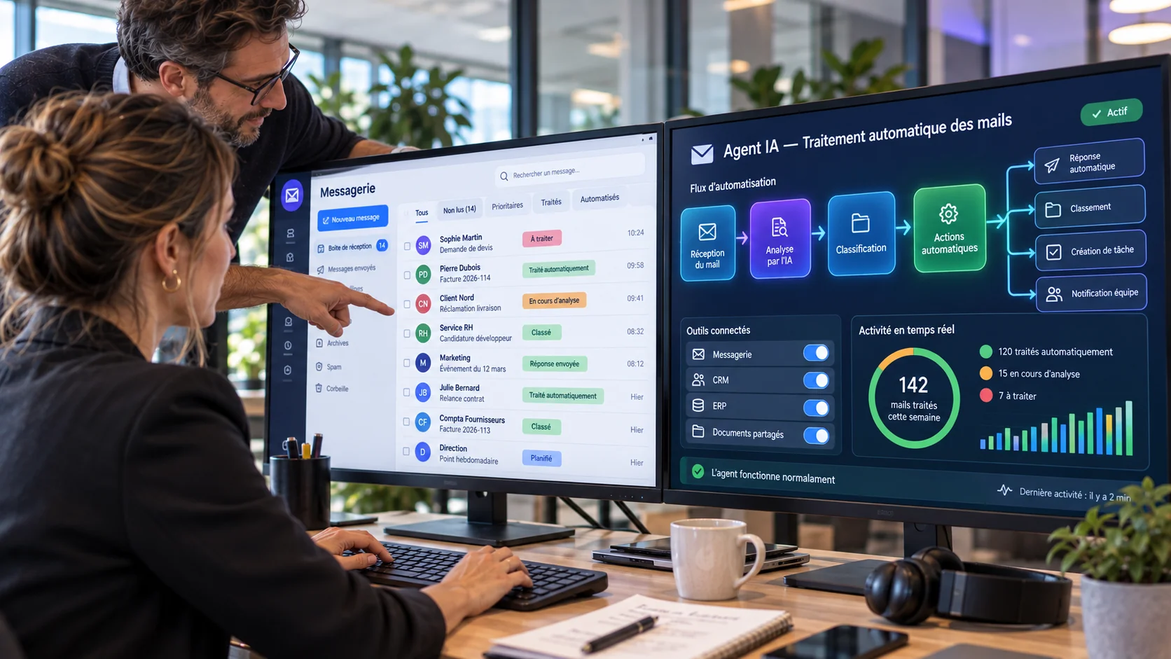 Création d’un agent IA Myadvai : deux collaborateurs configurent le traitement automatique des mails, connecté au CRM et à l’ERP