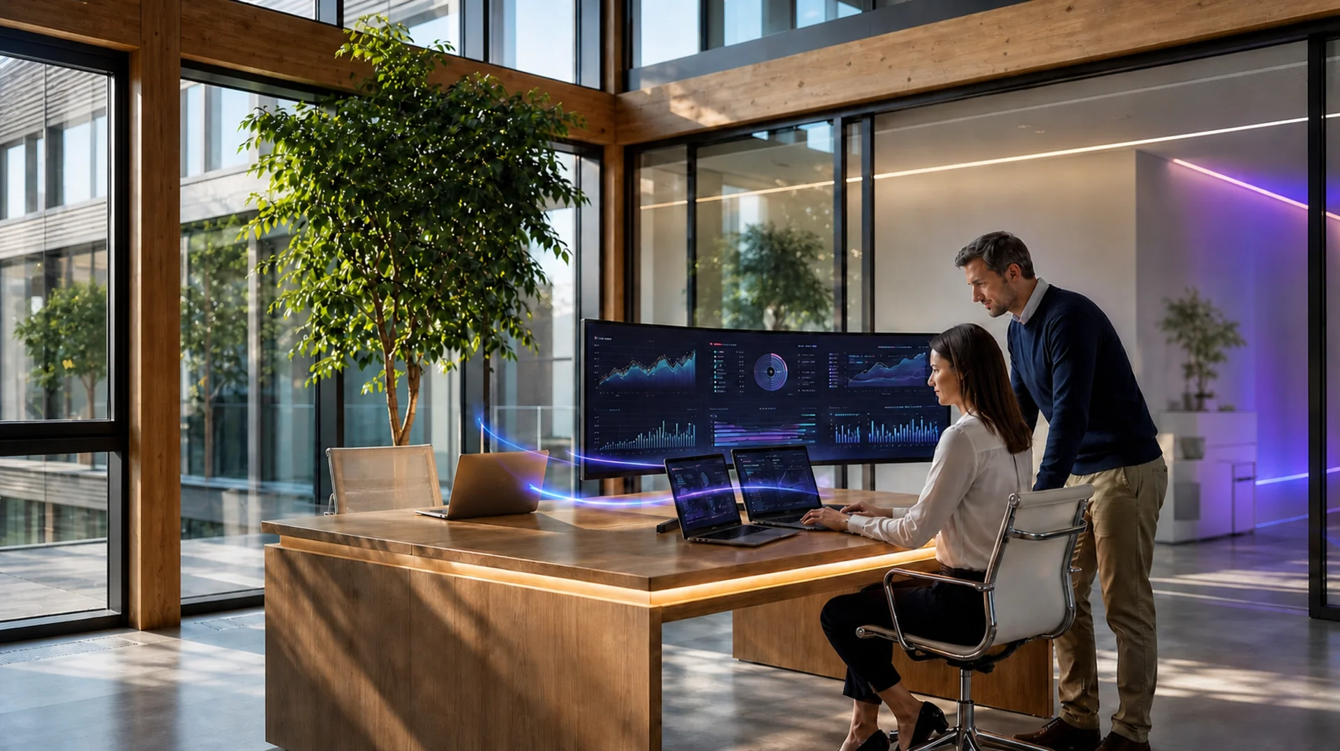Collaborateurs analysant des tableaux de bord IA dans un bureau lumineux