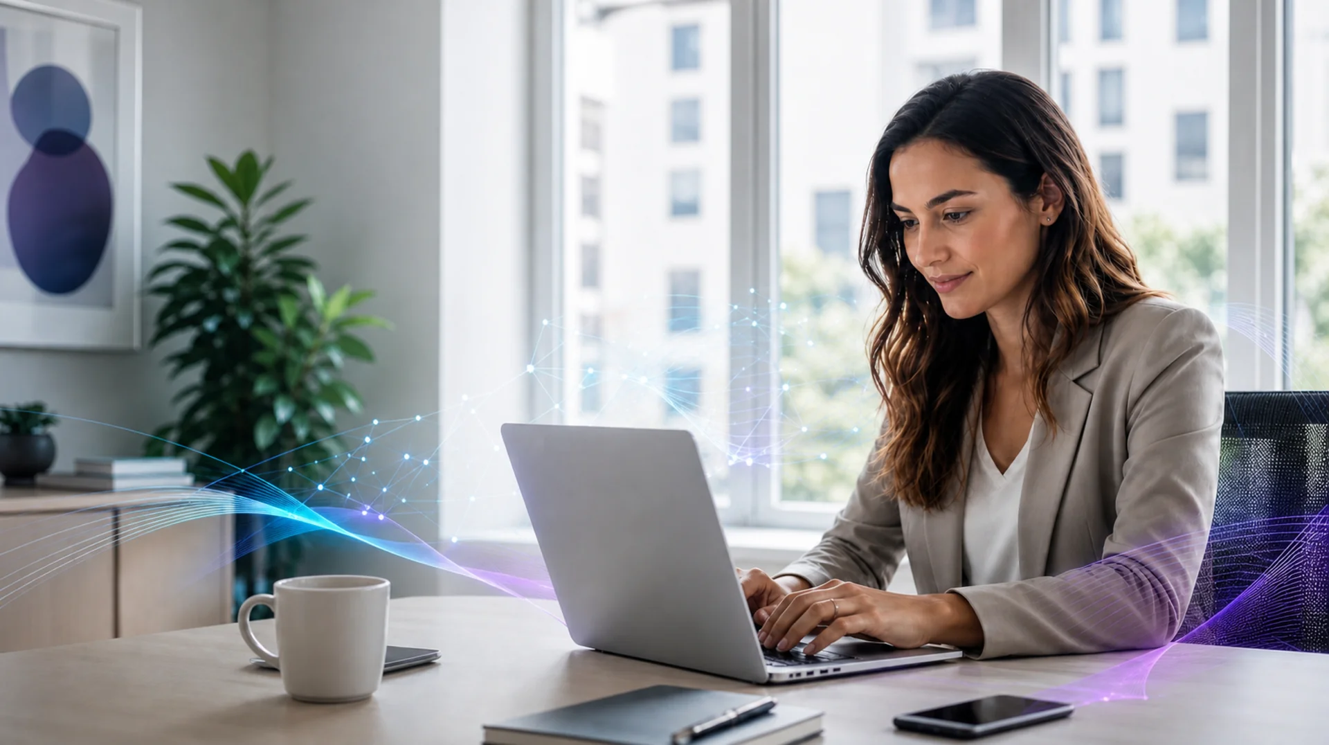 Professionnelle utilisant l'IA generative sur son ordinateur portable
